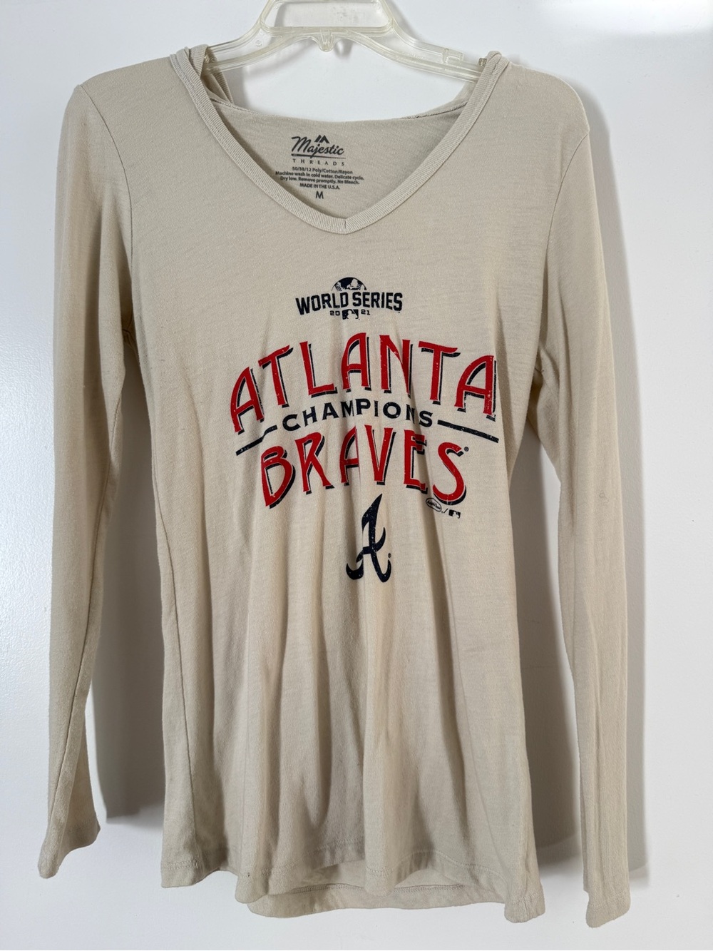 Majestic Beige Atlanta Braves Long-Sleeve V-Neck Tee with Red & Navy Graphics